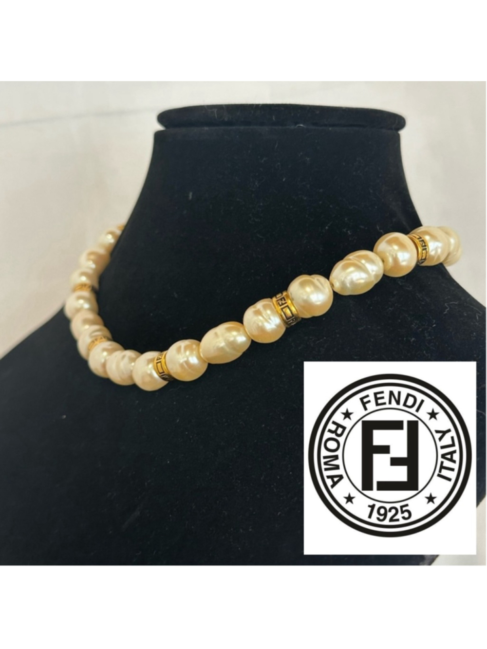 Ultra Rare VTG Signed Fendi Baroque Glass Pearl w Gold Accent Choker